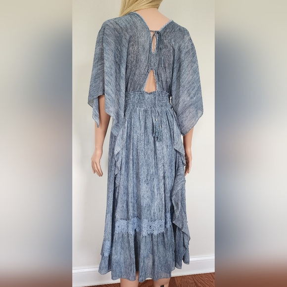 BLUE DRESS MOON RIVER RUFFLES V-NECK OPEN SLEEVES CINCHED WAIST MIDI FULL SKIRT - Picture 3 of 16